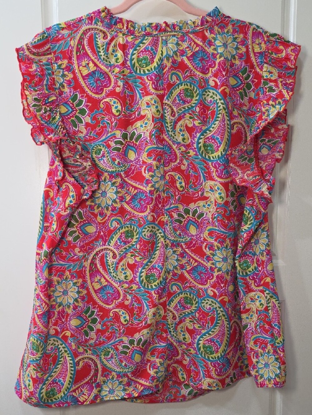 Chenault Vibrant Pink Paisley Tie-Neck Blouse with Ruffled Trim - 1X - Picture 7 of 8